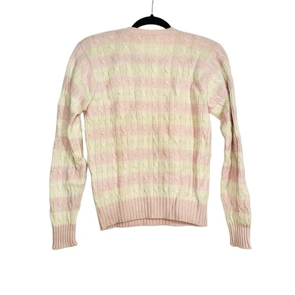 Hawick Cashmere V-Neck Cable Knit Stripe Pink Cream Sweater MEDIUM - Picture 2 of 6